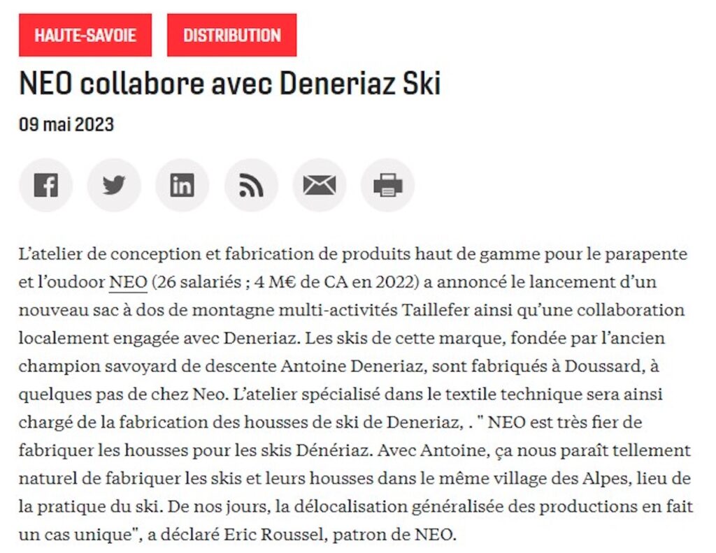 Journal des Entreprises - 09 mai 2023 - NEO collabore avec Dénériaz Ski